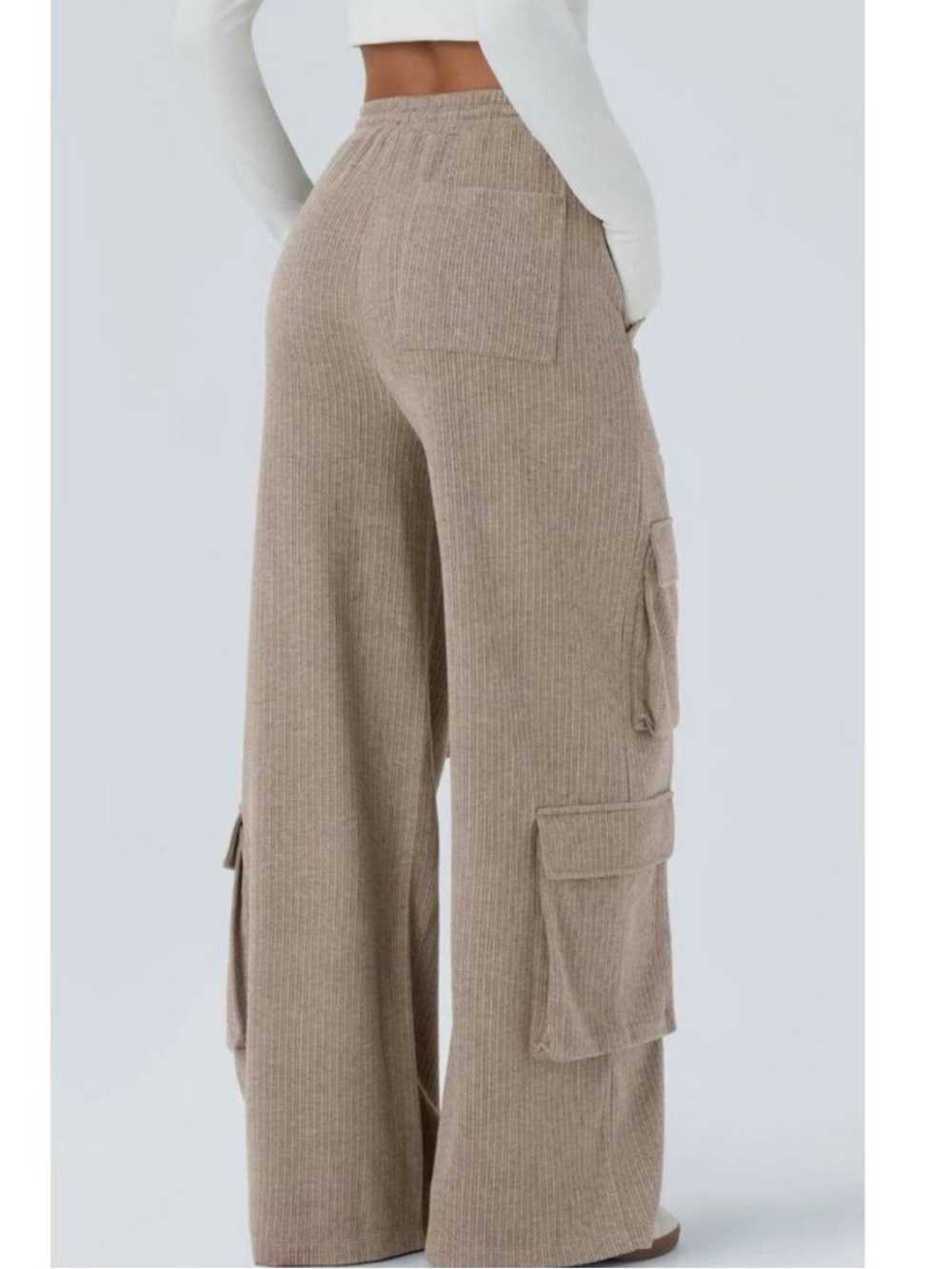 Halara Ribbed Mid Rise Drawstring Multiple Pockets Wide Leg Cargo Casual Pants - Picture 2 of 5